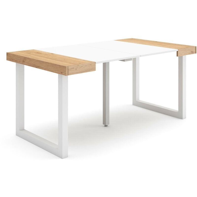 Skraut Home - Table console extensible, Console meuble, 160, Pour 8 personnes, Pieds bois massif, Style moderne, Chêne et blanc