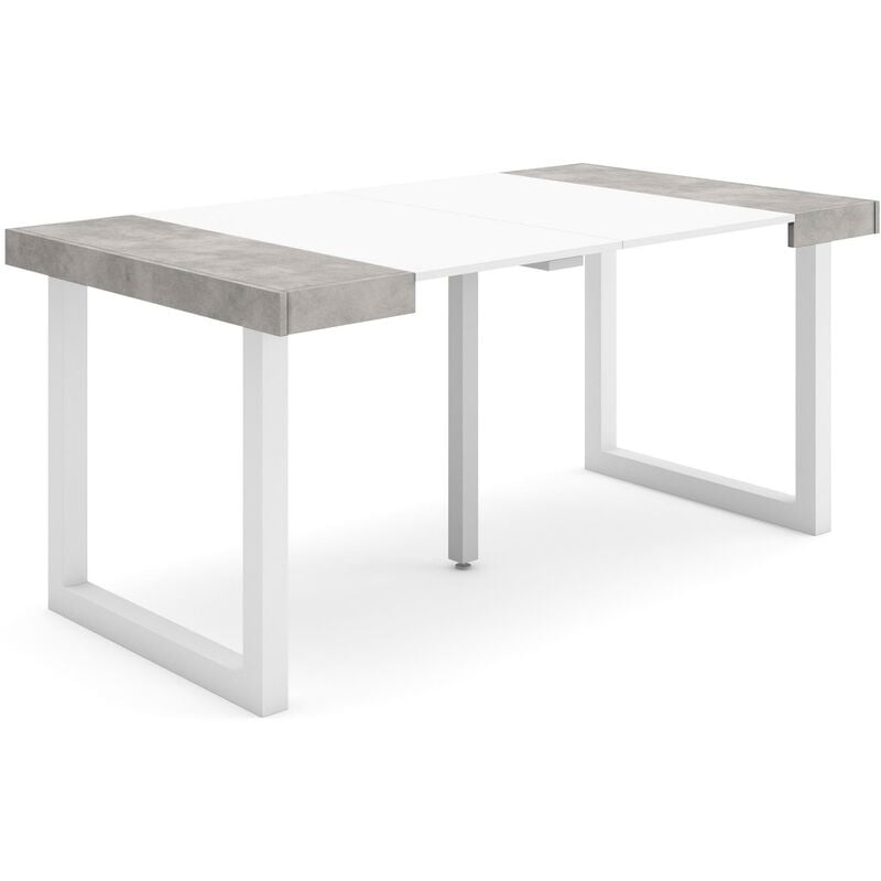 Table console extensible, Console meuble, 160, Pour 8 personnes, Pieds bois massif, Style moderne, Blanc et Gris Ciment - Skraut Home