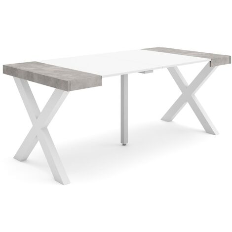 Skraut Home - Table console extensible, Console meuble, 180, Pour 8 personnes, Pieds bois massif, Style moderne, Blanc et Gris Ciment