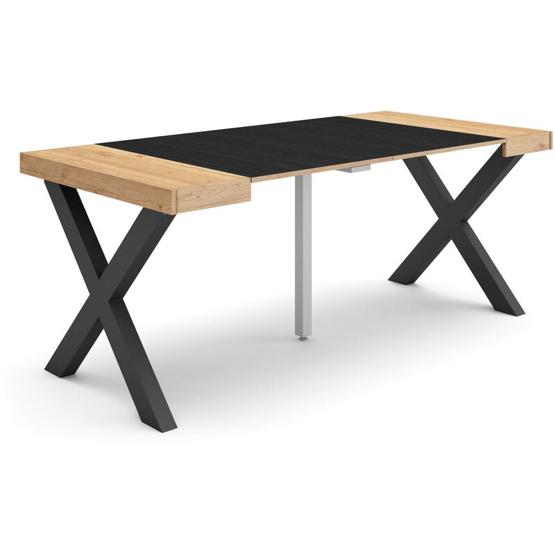 Skraut Home - Table console extensible, Console meuble, 180, Pour 8 personnes, Pieds bois massif, Style moderne, Chêne et noir