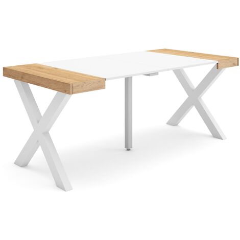 Skraut Home - Table console extensible, Console meuble, 180, Pour 8 personnes, Pieds bois massif, Style moderne, Chêne et blanc