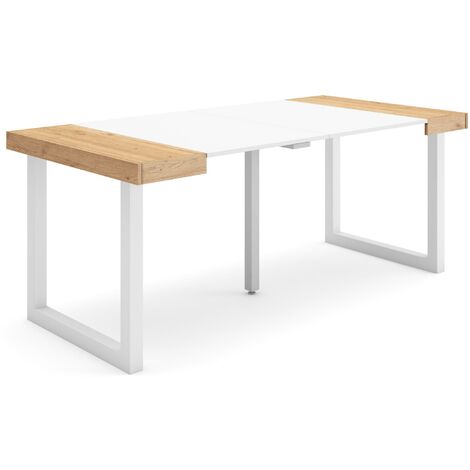 Skraut Home - Table console extensible, Console meuble, 180, Pour 8 personnes, Pieds bois massif, Style moderne, Chêne et blanc