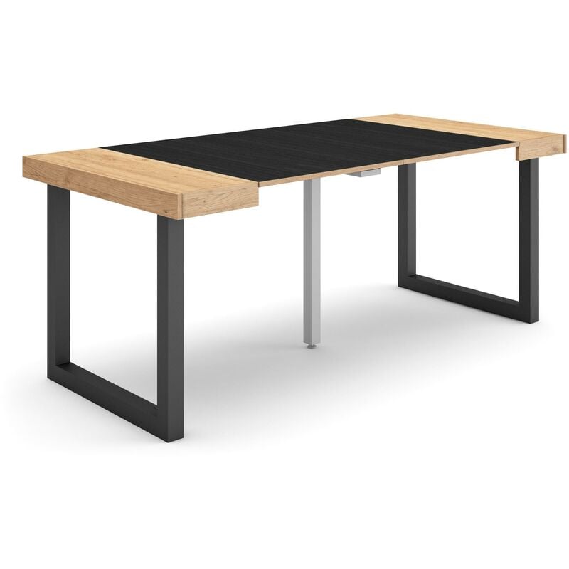 Table console extensible, Console meuble, 180, Pour 8 personnes, Pieds bois massif, Style moderne, Chêne et noir - Skraut Home