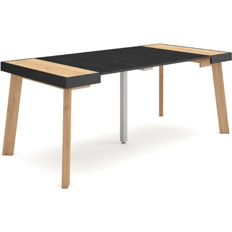 Skraut Home - Table console extensible, Console meuble, 180, Pour 8 personnes, Pieds en bois, Style moderne, Chêne et noir
