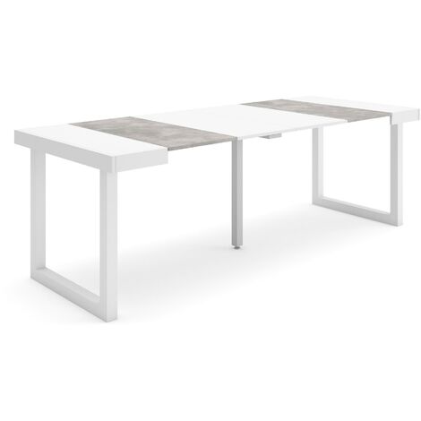 Skraut Home - Table console extensible, Console meuble, 220, Pour 10 personnes, Pieds bois massif, Style moderne, Blanc et Gris Ciment