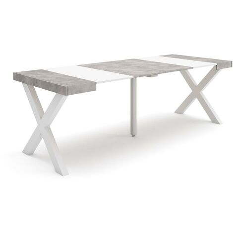 Skraut Home - Table console extensible, Console meuble, 220, Pour 10 personnes, Pieds bois massif, Style moderne, Blanc et Gris Ciment