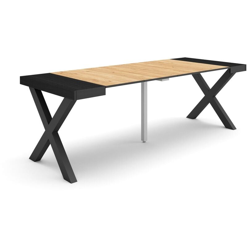 Table console extensible, Console meuble, 220, Pour 10 personnes, Pieds bois massif, Style moderne, Chêne et noir - Skraut Home