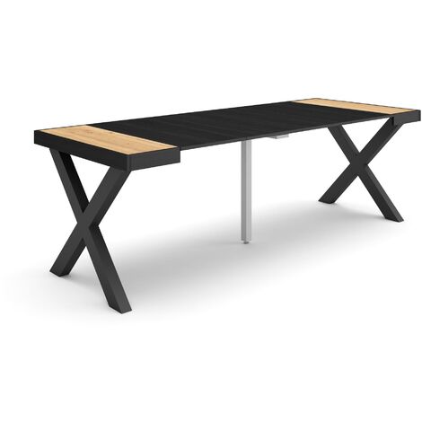 Skraut Home - Table console extensible, Console meuble, 220, Pour 10 personnes, Pieds bois massif, Style moderne, Chêne et noir