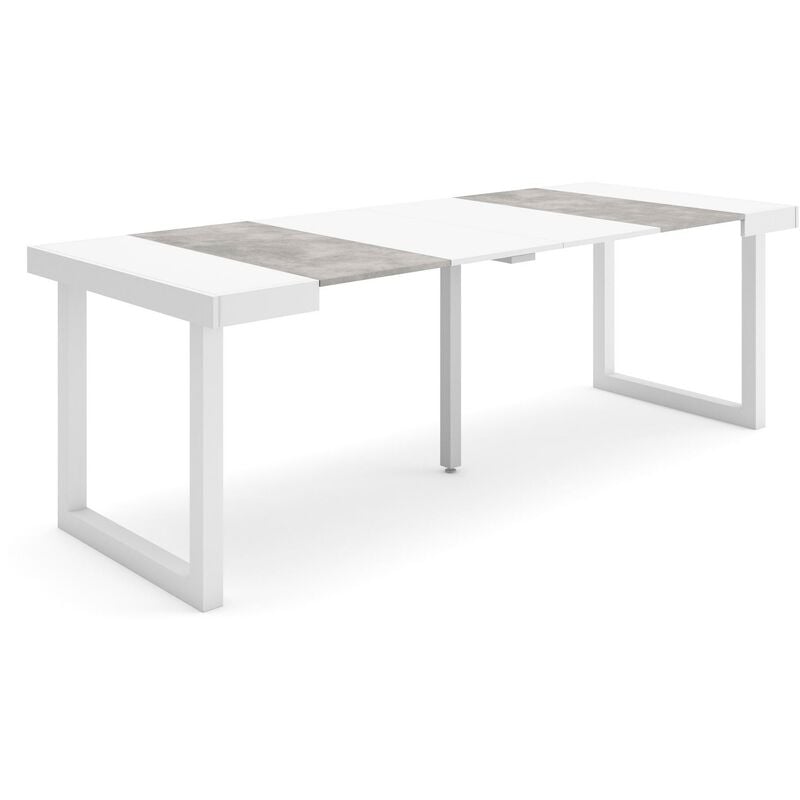 Table console extensible, Console meuble, 220, Pour 10 personnes, Pieds bois massif, Style moderne, Blanc et Gris Ciment - Skraut Home