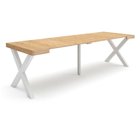Skraut Home - Table console extensible, Console meuble, 260, Pour 12 personnes, Pieds bois massif, Style moderne, Chêne