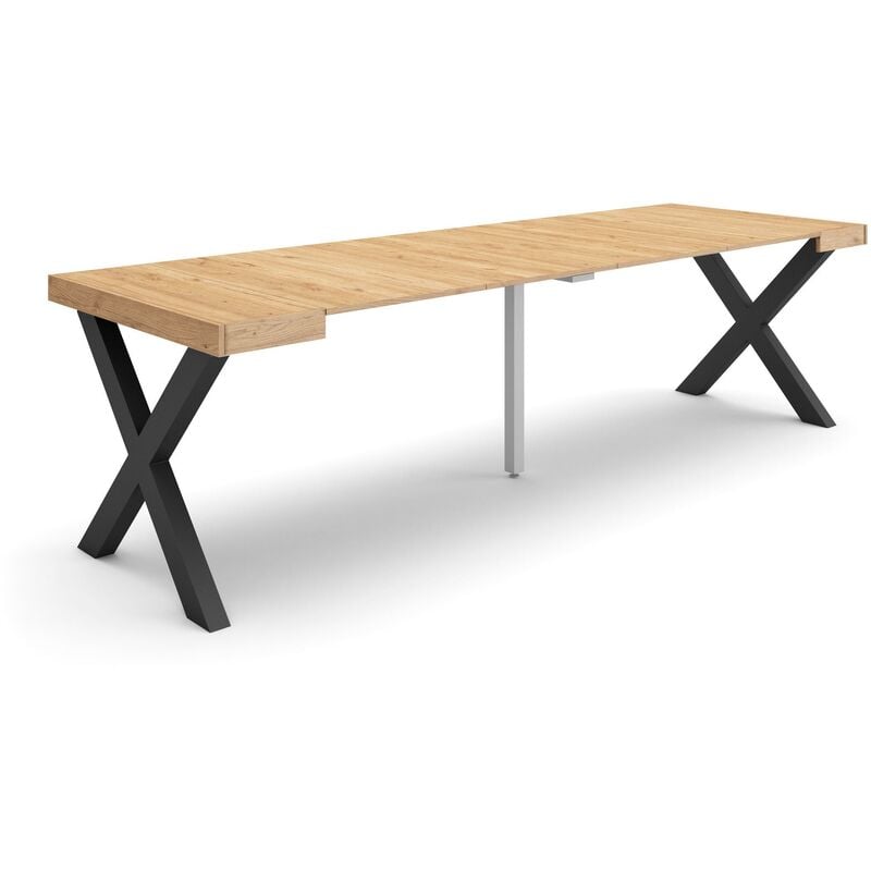 Skraut Home - Table console extensible, Console meuble, 260, Pour 12 personnes, Pieds bois massif, Style moderne, Chêne