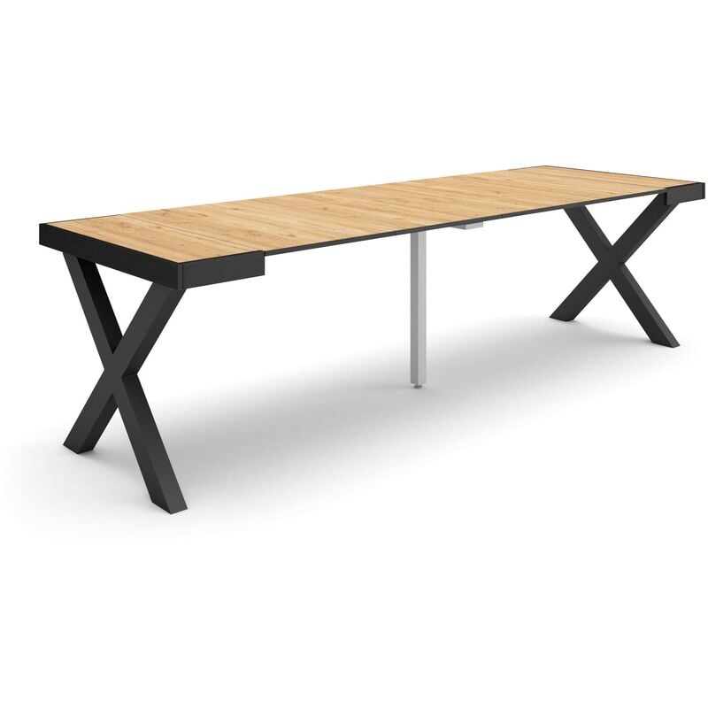 Table console extensible, Console meuble, 260, Pour 12 personnes, Pieds bois massif, Style moderne, Chêne et noir - Skraut Home