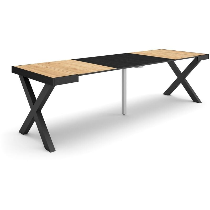 Table console extensible, Console meuble, 260, Pour 12 personnes, Pieds bois massif, Style moderne, Chêne et noir - Skraut Home