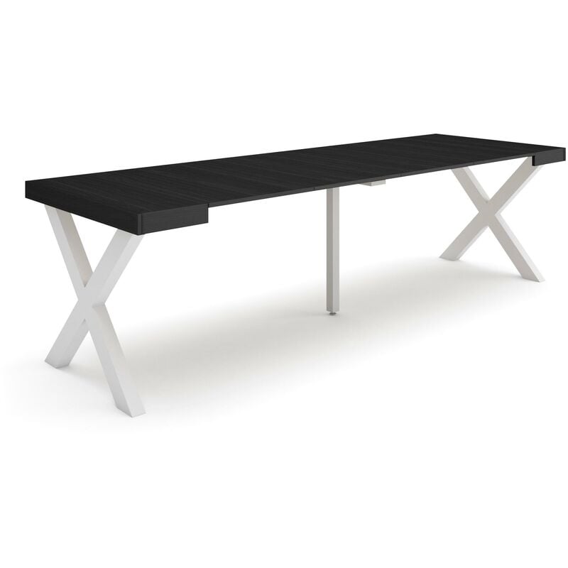 Skraut Home - Table console extensible, Console meuble, 260, Pour 12 personnes, Pieds bois massif, Style moderne, Noir