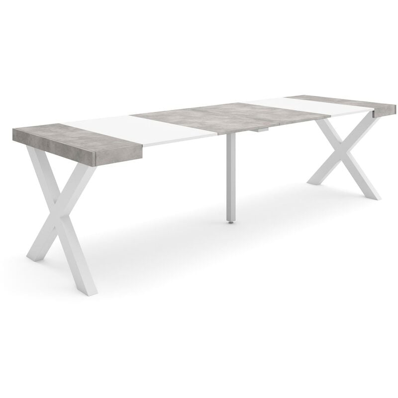 Table console extensible, Console meuble, 260, Pour 12 personnes, Pieds bois massif, Style moderne, Blanc et Gris Ciment - Skraut Home