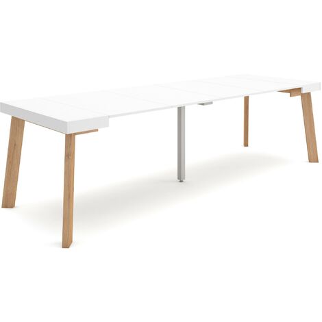 Skraut Home - Table console extensible, Console meuble, 260, Pour 12 personnes, Pieds en bois, Style moderne, Blanc
