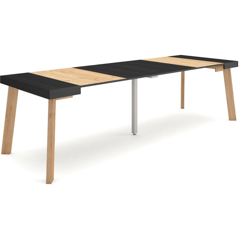 Table console extensible, Console meuble, 260, Pour 12 personnes, Pieds en bois, Style moderne, Noir et chêne - Skraut Home