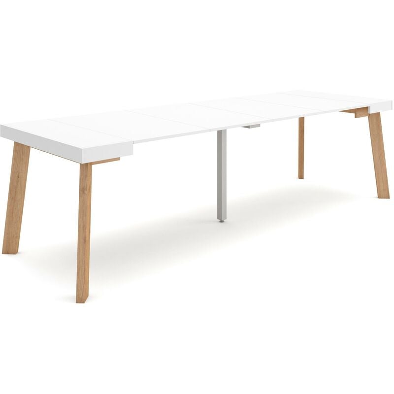 Table console extensible, Console meuble, 260, Pour 12 personnes, Pieds en bois, Style moderne, Blanc - Skraut Home