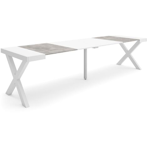 Skraut Home - Table console extensible, Console meuble, 300, Pour 14 personnes, Pieds bois massif, Style moderne, Blanc et Gris Ciment