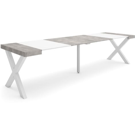 Skraut Home - Table console extensible, Console meuble, 300, Pour 14 personnes, Pieds bois massif, Style moderne, Blanc et Gris Ciment
