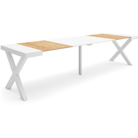 Skraut Home - Table console extensible, Console meuble, 300, Pour 14 personnes, Pieds bois massif, Style moderne, Chêne et blanc