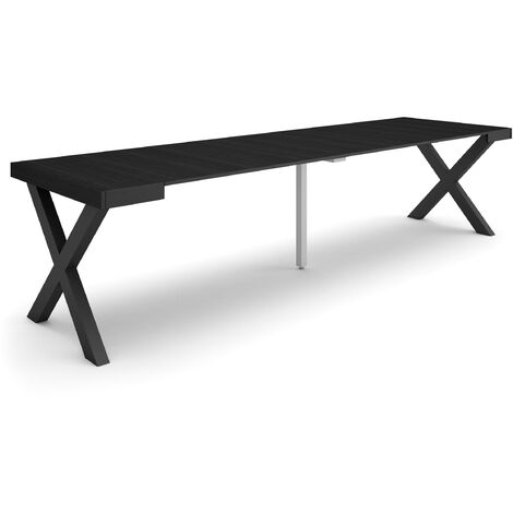 Skraut Home - Table console extensible, Console meuble, 300, Pour 14 personnes, Pieds bois massif, Style moderne, Noir
