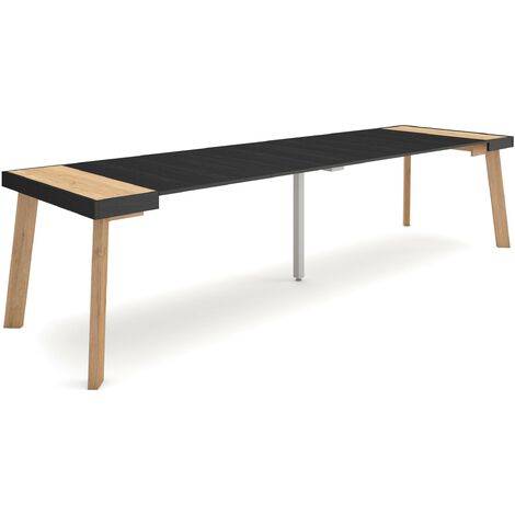 Skraut Home - Table console extensible, Console meuble, 300, Pour 14 personnes, Pieds en bois, Style moderne, Chêne et noir