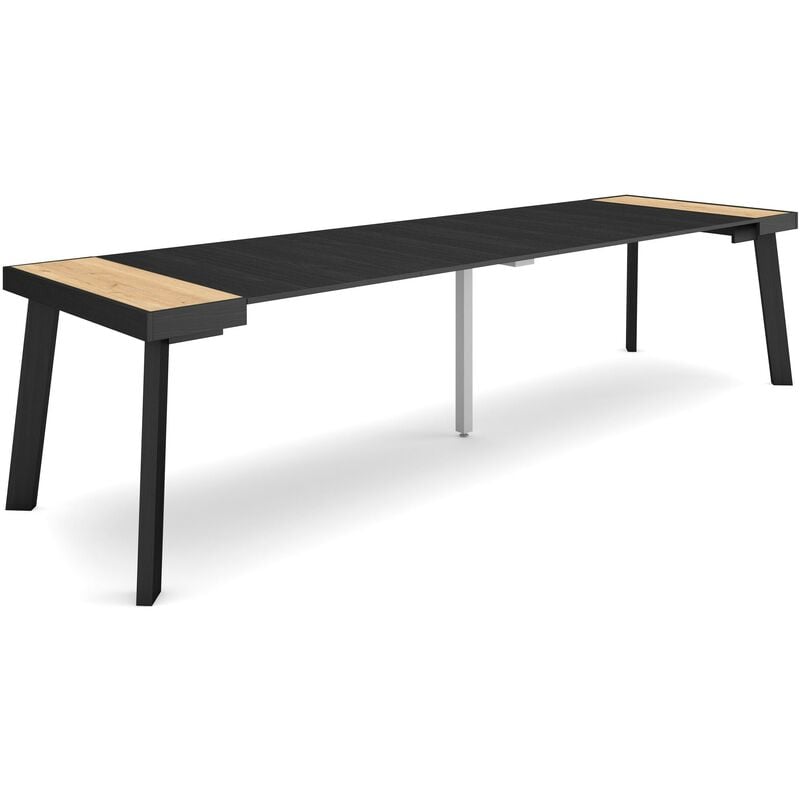 Table console extensible, Console meuble, 300, Pour 14 personnes, Pieds en bois, Style moderne, Chêne et noir - Skraut Home