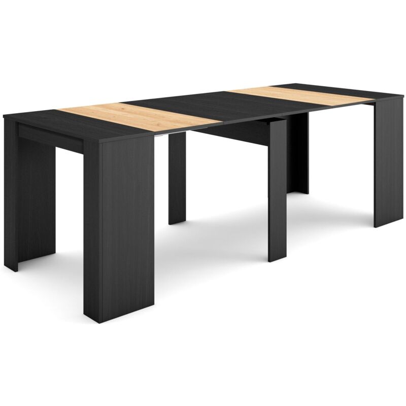 Table console extensible, Console meuble, 220, Pour 10 personnes, Table à Manger, Style moderne, Noir et chêne - Skraut Home