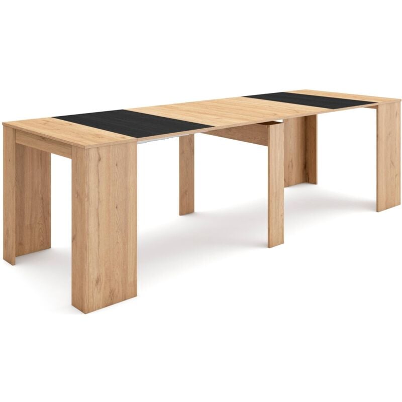 Table console extensible, Console meuble, 260, Pour 12 personnes, Table à Manger, Style moderne, Chêne et noir - Skraut Home