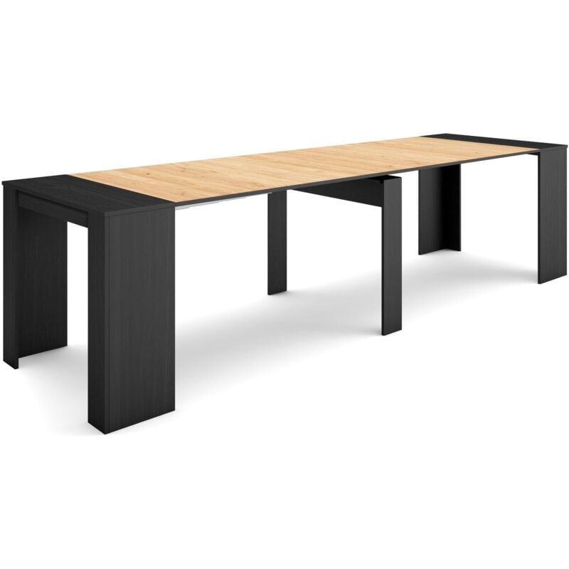 Table console extensible, Console meuble, 300, Pour 14 personnes, Table à Manger, Style moderne, Noir et chêne - Skraut Home