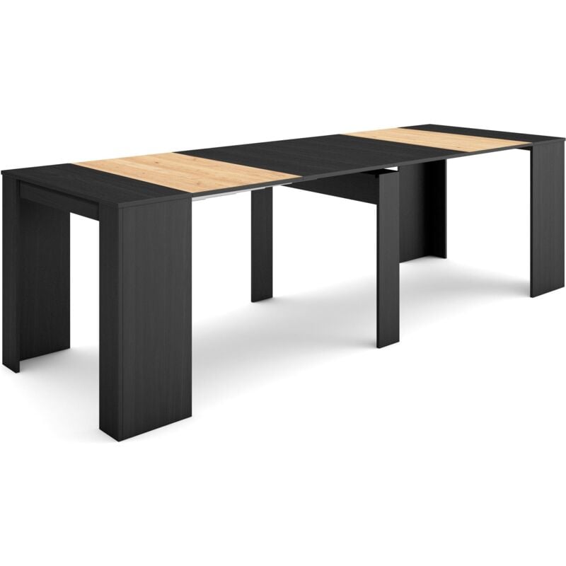 Table console extensible, Console meuble, 260, Pour 12 personnes, Table à Manger, Style moderne, Noir et chêne - Skraut Home