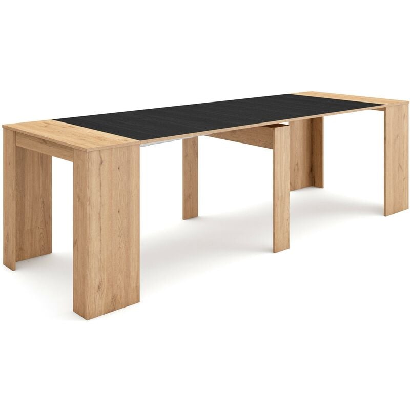 Table console extensible, Console meuble, 260, Pour 12 personnes, Table à Manger, Style moderne, Chêne et noir - Skraut Home