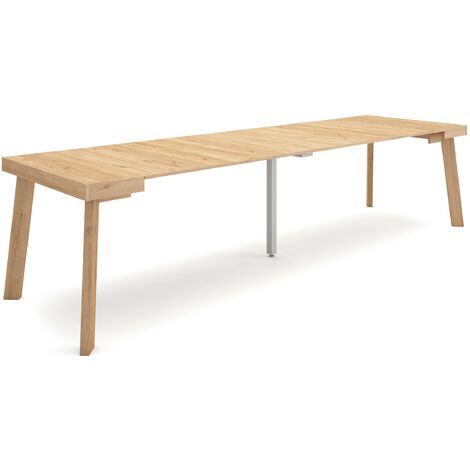 Skraut Home – Table console extensible – Pieds en bois – Finition chêne – Longueur 302 cm – Capacité jusqu'à 14 personnes – Style moderne