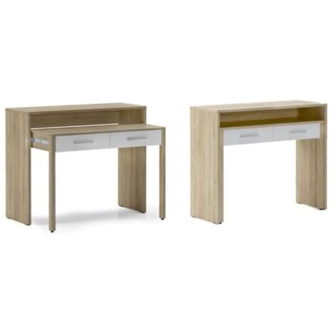 Skraut Home - Tavolo allungabile da scrivania, console da studio per ordinatore, 2 cassetti , finitura rovere/bianco, misure: 98,6x86,9x36-70 cm di profondità