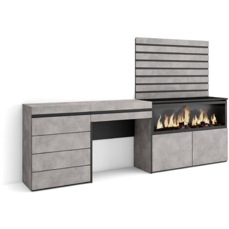 Skraut Home - Tavolo da toeletta, Tavolo da Trucco, stoccaggio, 234x145x35 cm, Con cassetto, Camino elettrico XXL, Cassettiera, Pannelli Decorativi, Stile moderno, Grigio Cemento