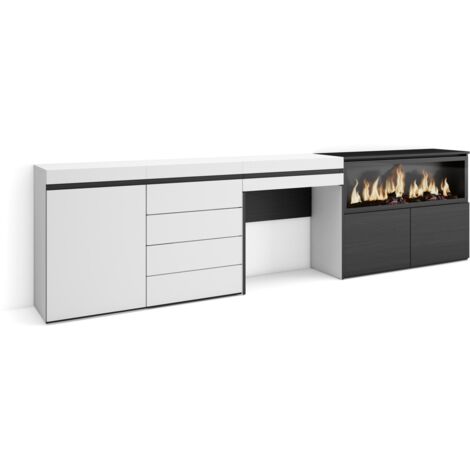 Skraut Home - Tavolo da toeletta, Tavolo da Trucco, stoccaggio, 284x75x35 cm, Con cassetto, Camino elettrico XXL, Cassettiera, Stile moderno, Bianco