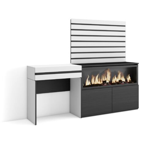 Skraut Home - Tocador, Dormitorio habitación, 177x145x35 cm, Con cajón, Chimenea eléctrica XXL, Listones Decorativos, Estilo Moderno, Blanco