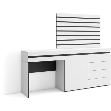 Skraut Home - Tocador, Dormitorio habitación, 177x145x35 cm, Con cajón, Cómoda, Cajonera, Listones Decorativos, Estilo Moderno, Blanco