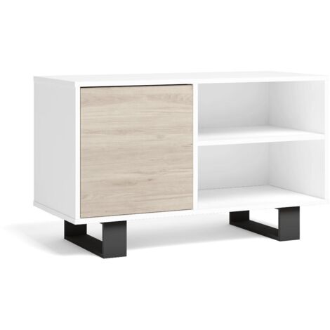 Skraut Home - TV-Möbel 100 mit linker Tür, Wohn-/Esszimmer, Modell WIND, Farbe Struktur Weiß, Farbe Tür Eiche, Maße 95x40x57cm Höhe.