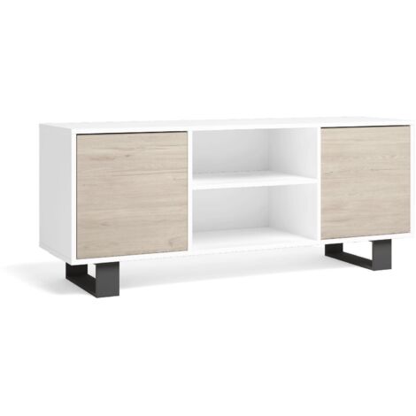 Skraut Home - TV-Möbel 140 mit 2 Türen, Wohnzimmer, Modell WIND, Struktur Farbe Weiß, Türen Farbe Eiche, Maße 137x40x57cm Höhe.