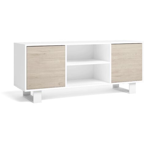 Skraut Home - TV-Möbel 140 mit 2 Türen, Wohnzimmer, Modell WIND, Struktur Farbe Weiß, Türen Farbe Eiche, Maße 137x40x57cm Höhe.