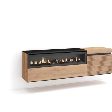 Skraut Home - TV-Schrank, Lowboard, für Wohnzimmer und Esszimmer, 150x45x35cm, Für TV-Geräte bis zu 65", Elektrokamin. , Hängend, Moderner Stil, Eiche