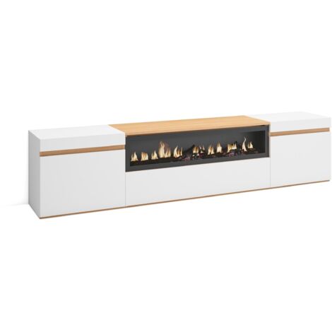 Skraut Home - TV-Schrank, Lowboard, für Wohnzimmer und Esszimmer, 200x35x45cm, Für TV-Geräte bis zu 80", Elektrokamin., Moderner Stil, Weiß und Eiche Soft