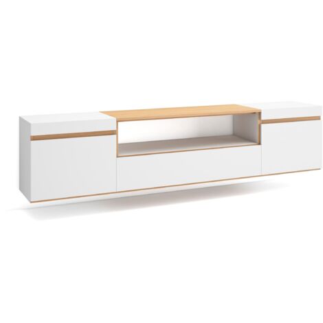 Skraut Home - TV-Schrank, Lowboard, für Wohnzimmer und Esszimmer, 200x35x45cm, Für TV-Geräte bis zu 80", Hängend, Moderner Stil, Weiß und Eiche Soft