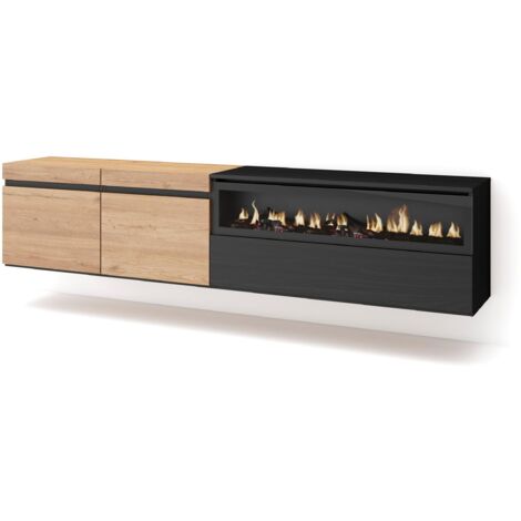 Skraut Home - TV-Schrank, Lowboard, für Wohnzimmer und Esszimmer, 200x45x35cm, Für TV-Geräte bis zu 80", Elektrokamin. Maße, Hängend, Moderner Stil, Eiche Schwarz