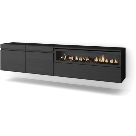 Skraut Home - TV-Schrank, Lowboard, für Wohnzimmer und Esszimmer, 200x45x35cm, Für TV-Geräte bis zu 80", Elektrokamin. Maße, Hängend, Moderner Stil, Schwarz