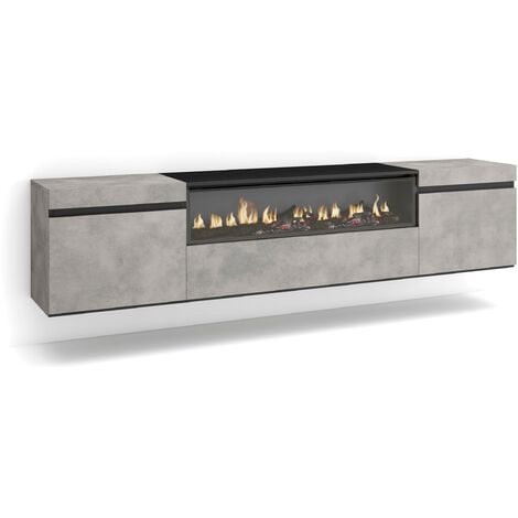 Skraut Home - TV-Schrank, Lowboard, für Wohnzimmer und Esszimmer, 200x45x35cm, Für TV-Geräte bis zu 80", Elektrokamin. Maße, Hängend, Moderner Stil, Zementgrau