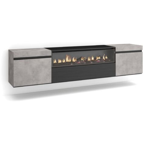 Skraut Home - TV-Schrank, Lowboard, für Wohnzimmer und Esszimmer, 200x45x35cm, Für TV-Geräte bis zu 80", Elektrokamin. Maße, Hängend, Moderner Stil, Zementgrau
