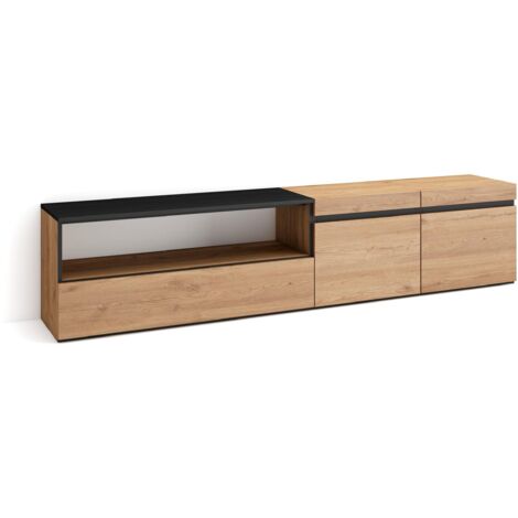 Skraut Home - TV-Schrank, Lowboard, für Wohnzimmer und Esszimmer, 200x45x35cm, Für TV-Geräte bis zu 80", Fernsehtisch, Moderner Stil, Eiche Schwarz